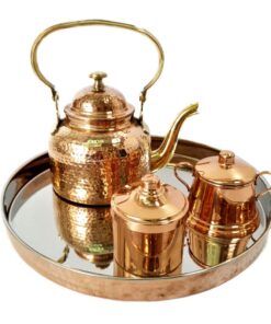 SET TETERA, AZUCARERO, CAFETERO Y BANDEJA DE COBRE REDONDA