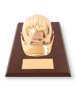 CASCO MINERO DE COBRE, BASE DE MADERA, PLACA  GRABADA