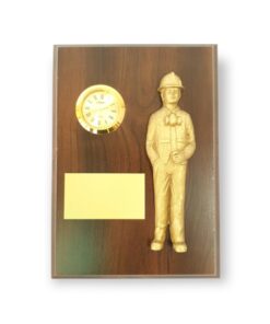 GALVANO, RELOJ, FIGURA MINERO, DORADO O COBRE, PLACA GRABADA