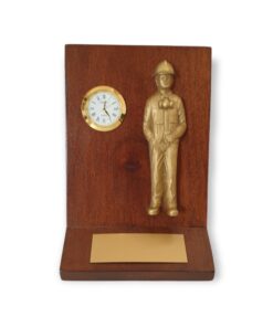 GALVANO DE ESCRITORIO, RELOJ, FIGURA MINERO DORADO, PLACA GRABADA