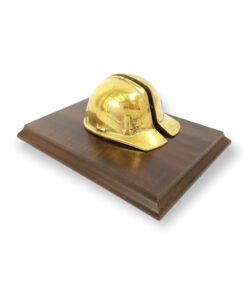 PORTACARTAS CASCO MINERO DE BRONCE, BASE MADERA.