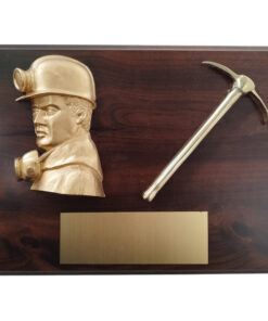 GALVANO ROSTRO MINERO DORADO DE RESINA CON PICOTA DE BRONCE, PLACA GRABADA
