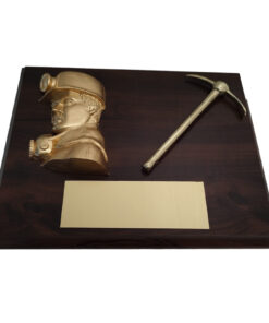 Alternative view of GALVANO ROSTRO MINERO DORADO DE RESINA CON PICOTA DE BRONCE, PLACA GRABADA