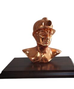 BUSTO DE MINERO METÁLICO COBRIZADO, BASE DE MADERA, PLACA GRABADA