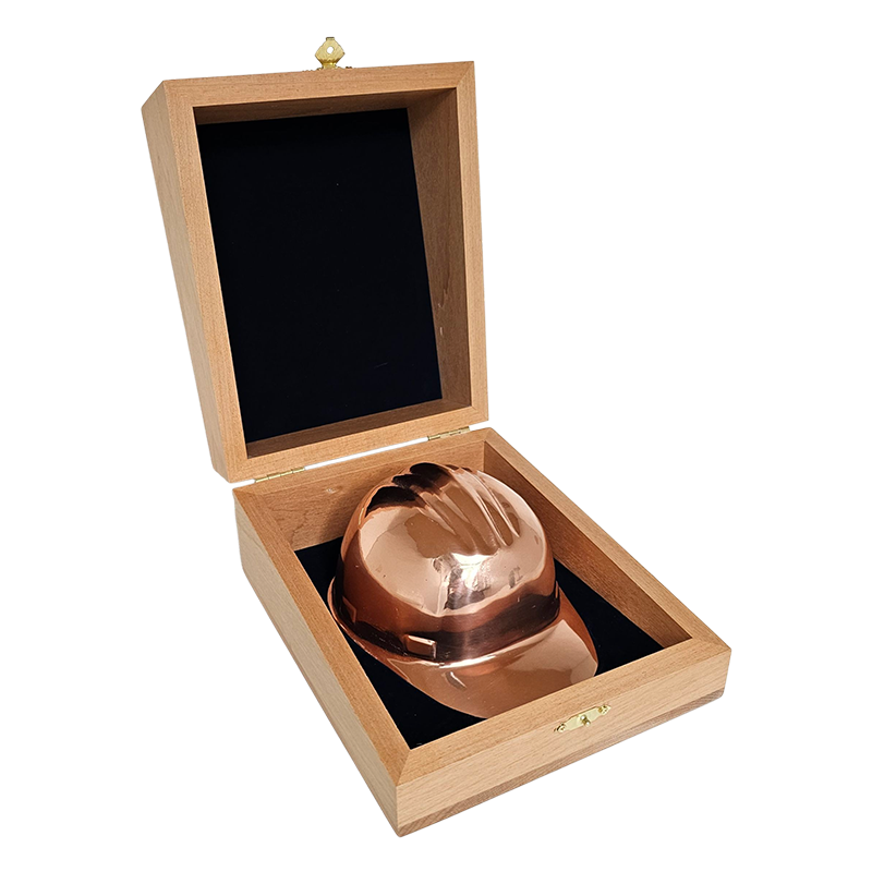 CASCO MINERO DE COBRE EN CAJA DE MADERA CON INTERIOR DE TERCIOPELO AZUL - Imagen 5