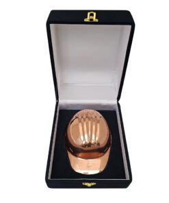 CASCO MINERO DE COBRE PULIDO EN CAJA AZUL CON PLACA GRABADA- REGALO EJECUTIVO PREMIUM